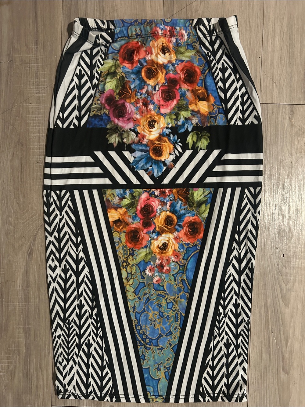 Floral & Geometric Black White Midi Skirt with Multicolor Floral Panel - stretch